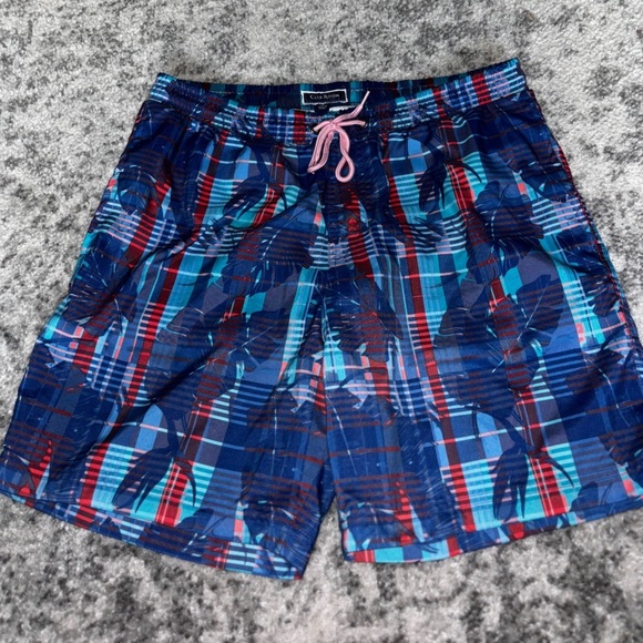 Club Room Plaid Floral Swim Trunks Blue Red Palm Print Size: Medium - Picture 2 of 4